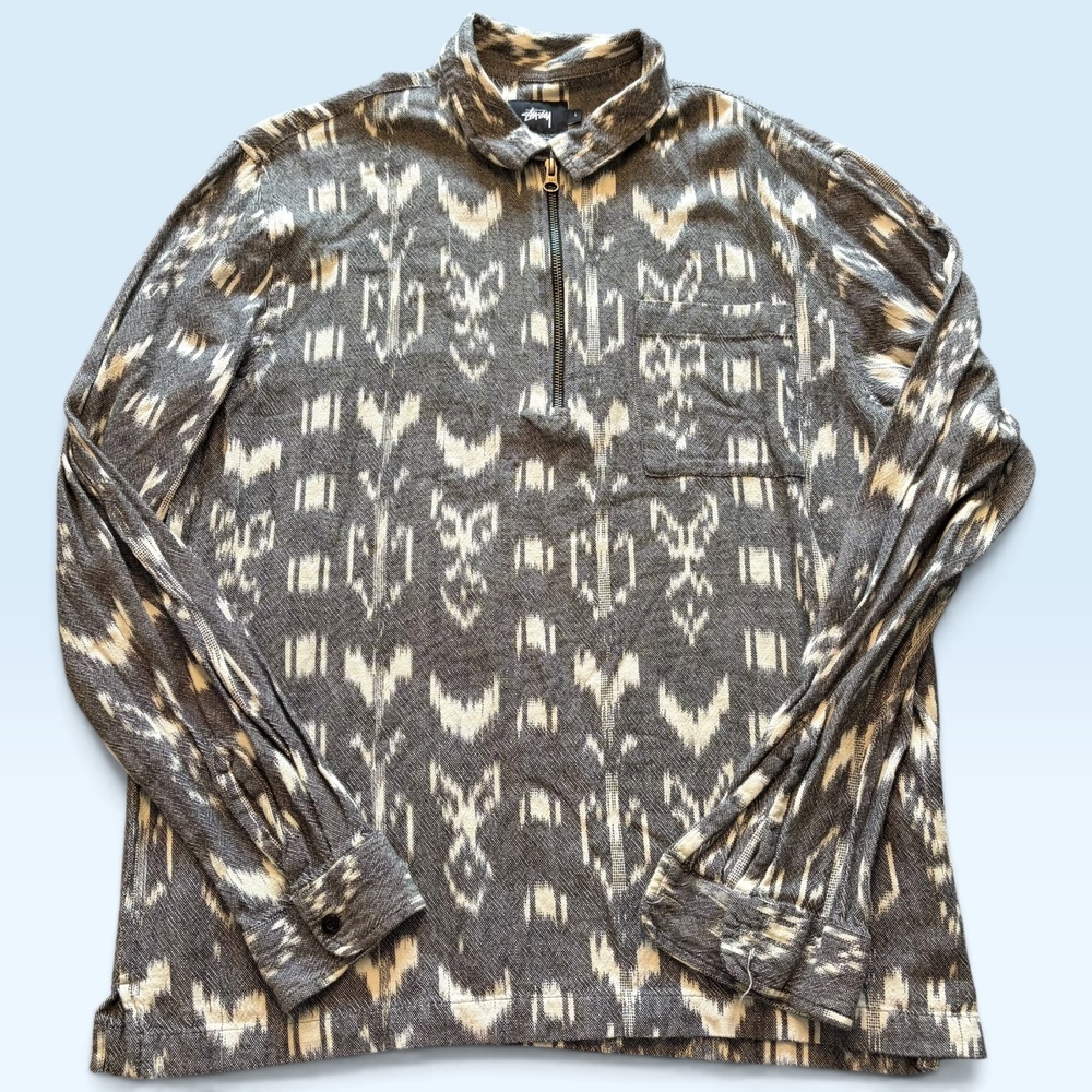 Stussy Shirt Mens Large Gray Geometric Half Zip Long Sleeve Woven Pullover